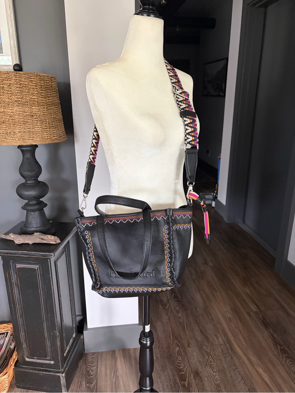 Desigual Black Leather Crossbody Bag with Colorful Woven Strap